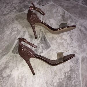 NWOT GUESS rose gold sparkly sparkle glitter clear open toe heels size 6.5